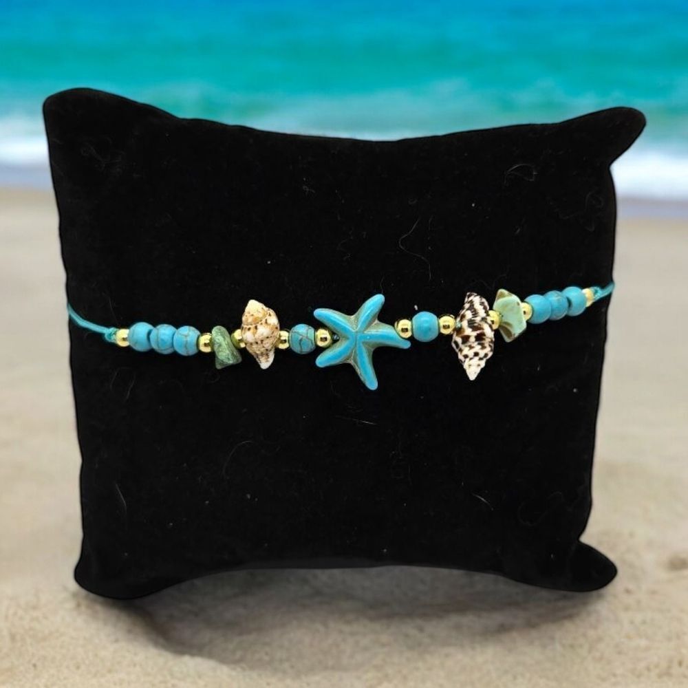 Turquoise Starfish Shell Beaded String Charm Bracelet Adjustable Summer Beach